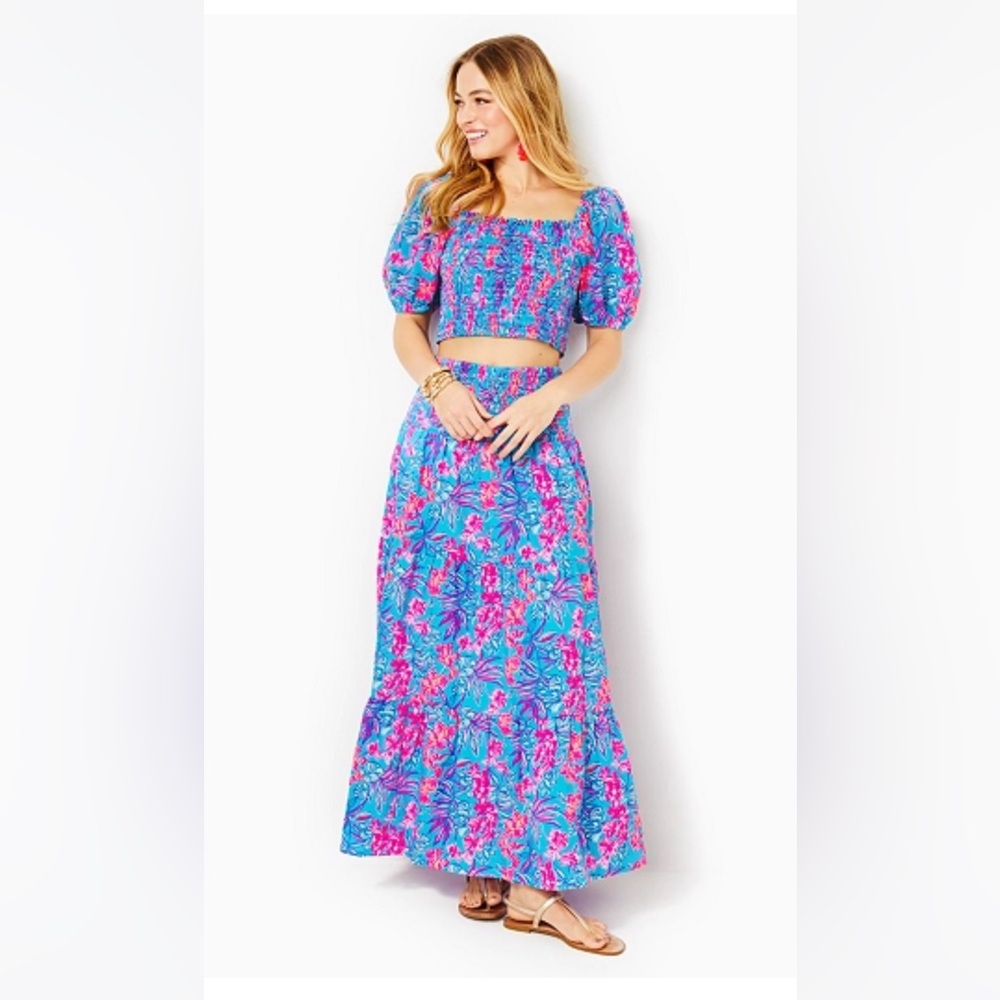 NWT 2-piece L Lilly Pulitzer Aston Maxi set in Cumulus Blue Orchid Oasis